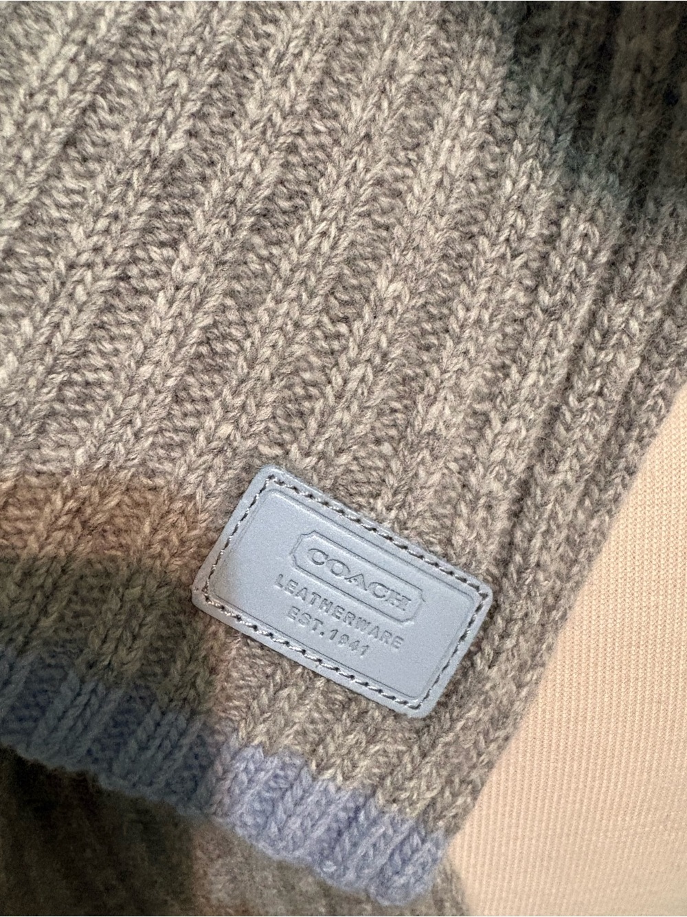 Coach Grey Ribbed Scarf with Light Blue Trim - Picture 2 of 3